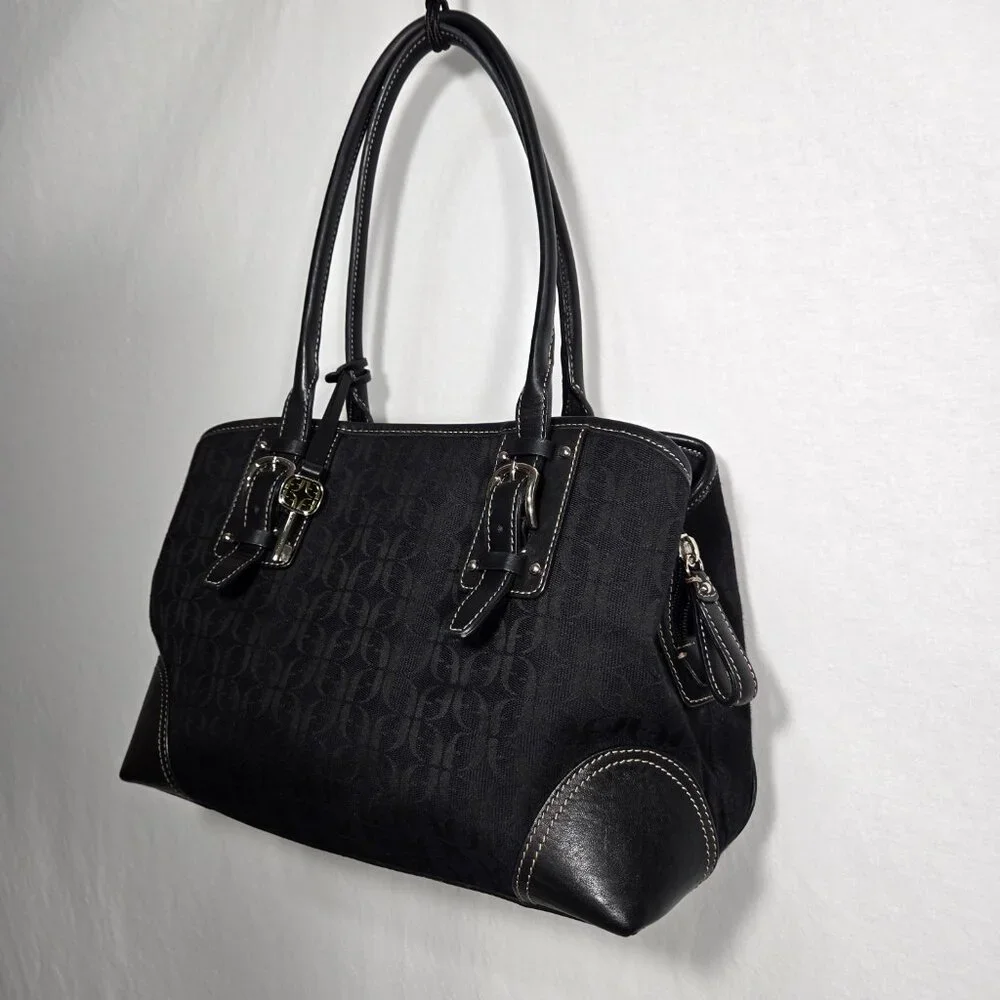 Vintage FOSSIL Y2K Whimsigoth BLACK Signature Canvas Leather Trim Shoulder Bag. - Picture 5 of 17